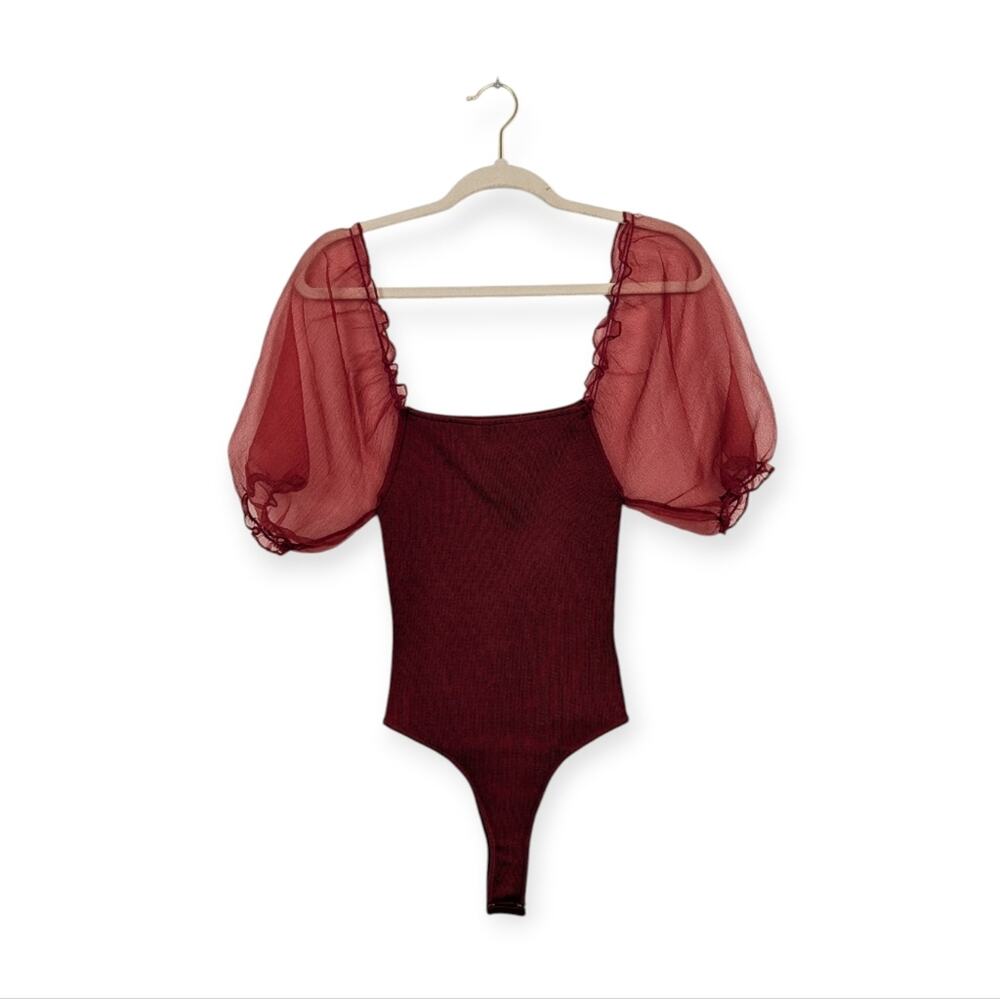 ASTR The Label Darling Bodysuit S Wine Mesh Puff Sleeve Sheer Trendy Party NWT